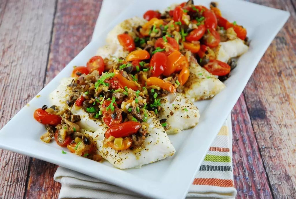 Baked Cod with Tomato and Olive Tapenade