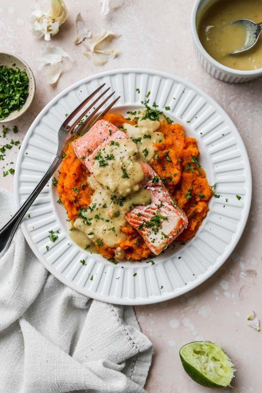 Baked Salmon with Mashed Sweet Potatoes