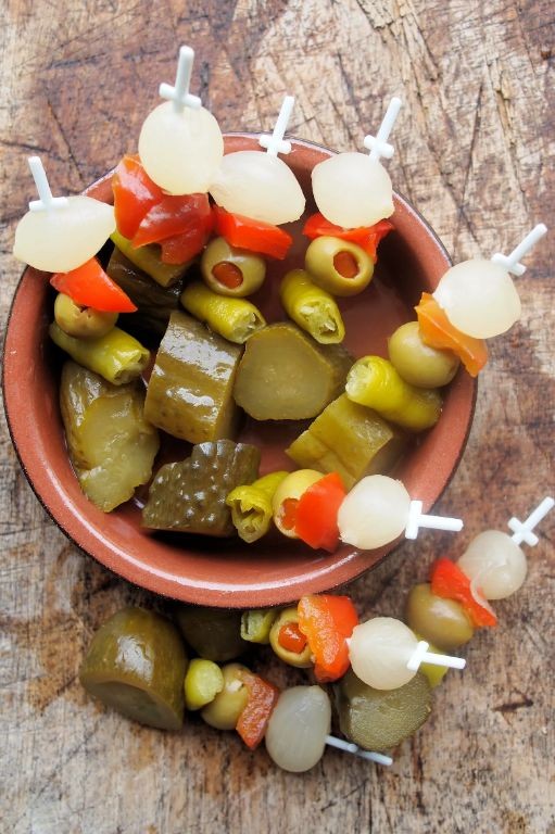 Banderillas (pickled skewers with olives and peppers)