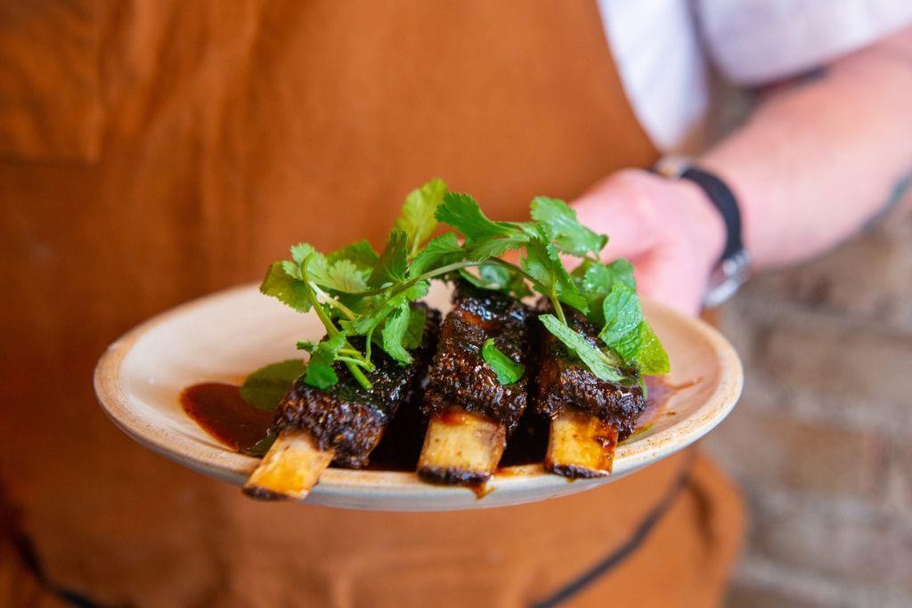 Barbecue-Glazed Lamb Chops with Shiso Garnish