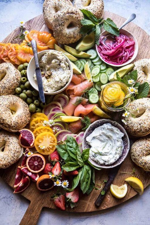 Breakfast Charcuterie Board with Bagels and Smoked Salmon