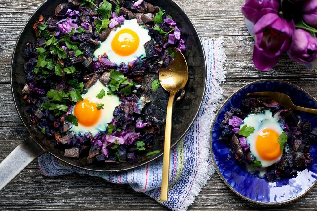 Cabbage and Potato Hash with Fried Eggs
