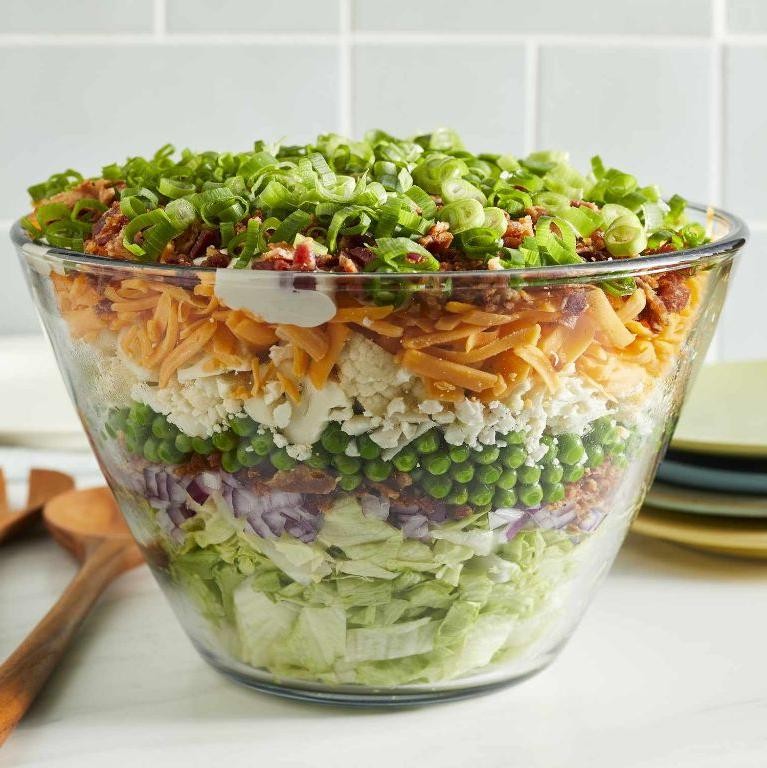 Cheesy 7 Layer Salad with Parmesan and Mozzarella
