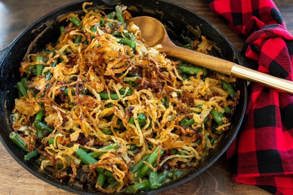 Cheesy Green Bean Casserole with Crispy Onions