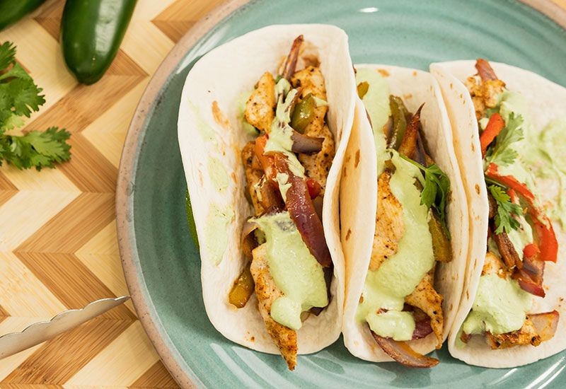 Chicken Fajita Tacos with Cilantro Lime Crema