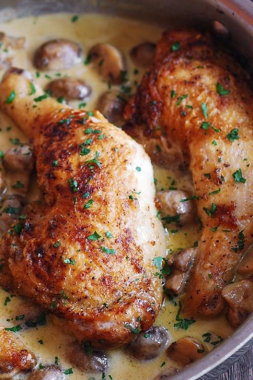 Chicken Thighs and Legs in Creamy Mushroom Sauce