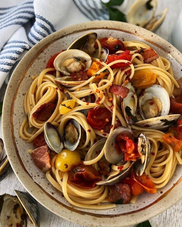 Clams Casino Pasta with Garlic and Olive Oil