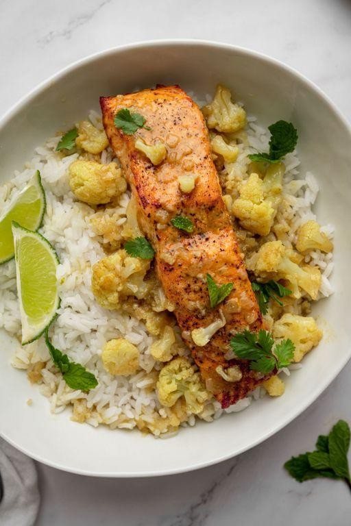 Coconut Curry Sheet Pan Salmon with Cauliflower