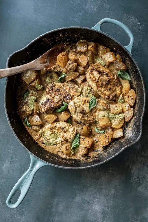Creamy Pesto Chicken and Roasted Potatoes