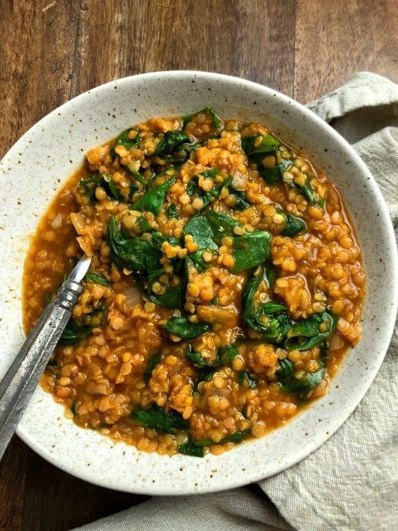 Curried Red Lentil Soup with Spinach