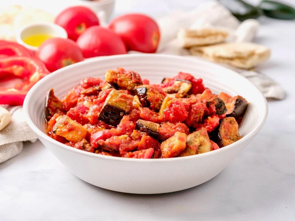 Eggplant and roasted red pepper bowl