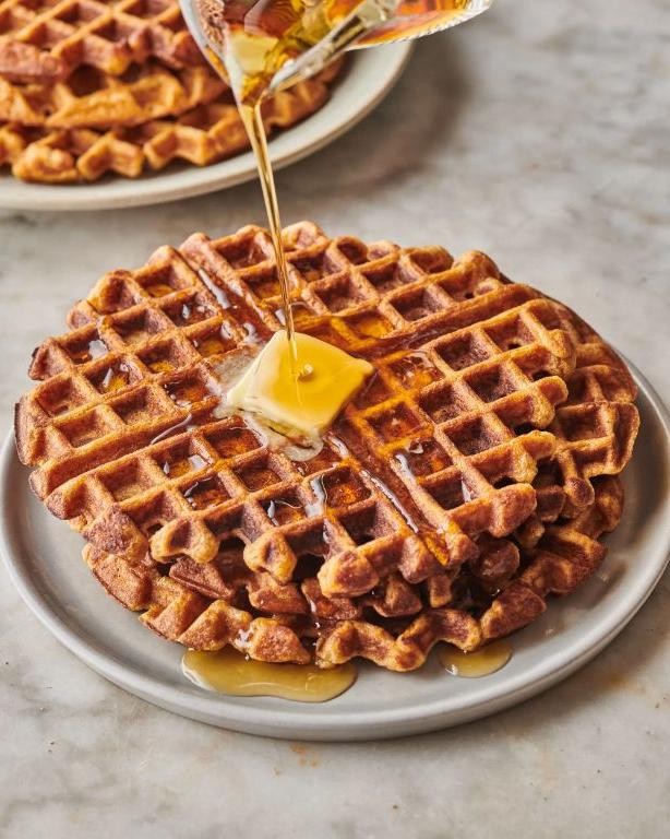 Golden Potato Waffles with Maple Syrup