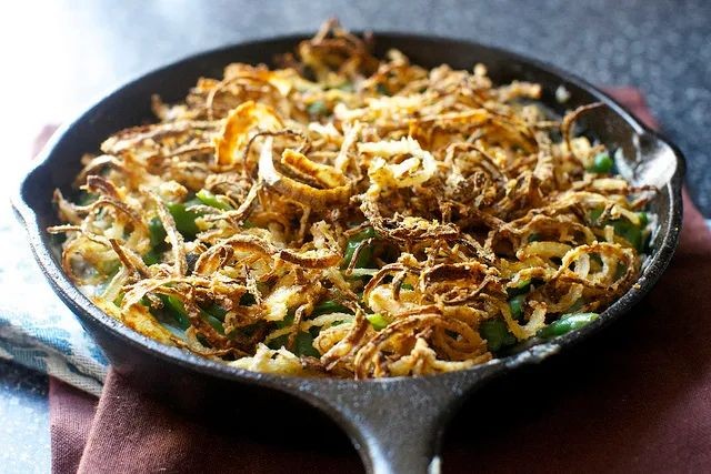 Green Bean Casserole with Bacon and Crispy Onions