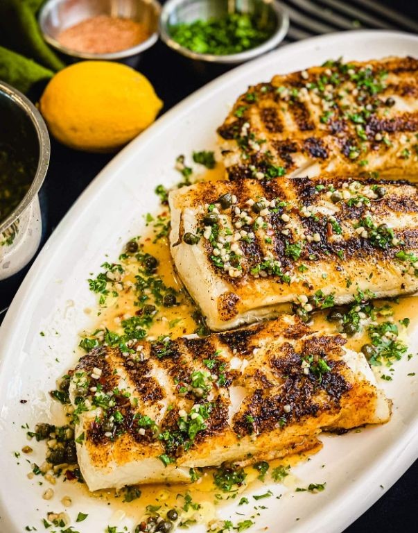 Grilled Chilean Sea Bass with Garlic Herb Marinade