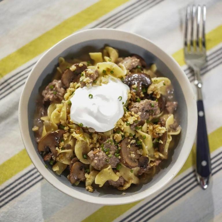 Ground Beef Stroganoff with Crispy Onions