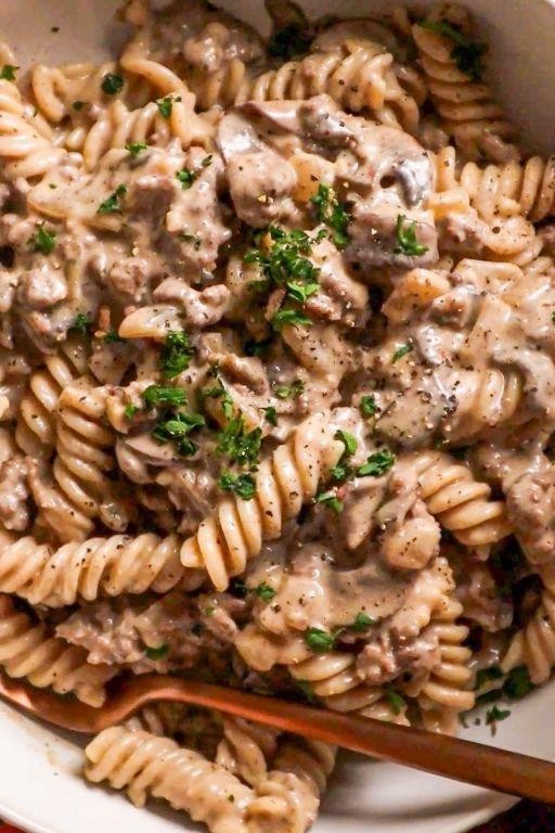 Ground Beef Stroganoff with Garlic Butter Breadcrumbs