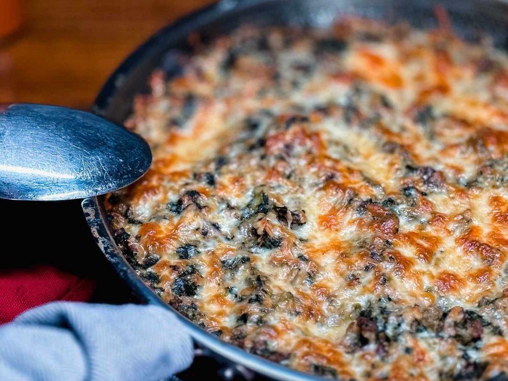 Ground Beef Stroganoff with Spinach and Feta