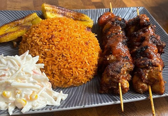 Jollof Rice and Grilled Chicken Skewers