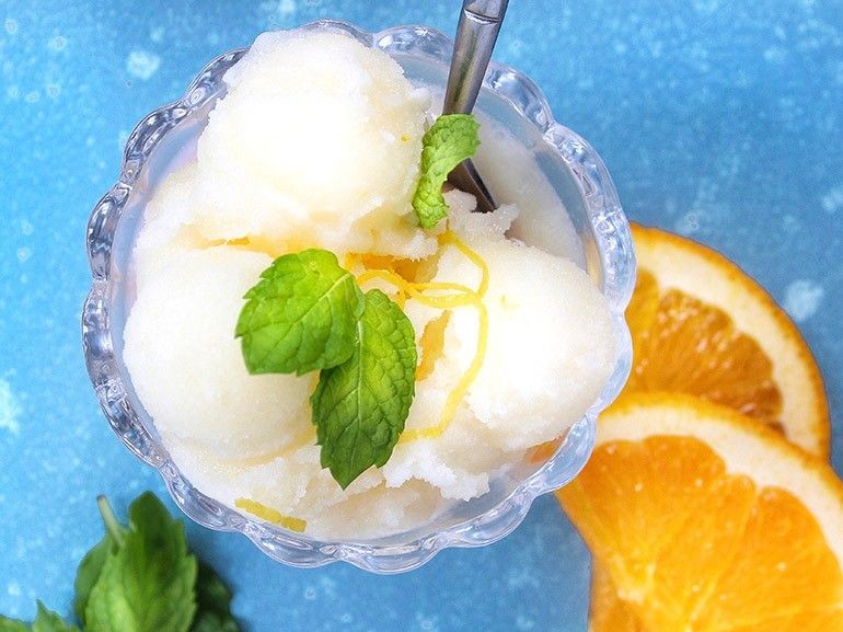 Lemon Sorbet with Mint Garnish