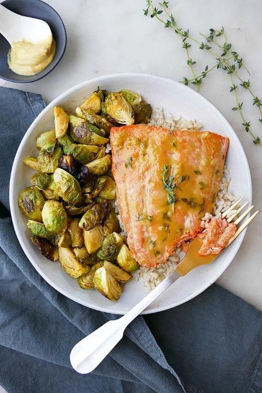 Maple Dijon Sheet Pan Salmon with Brussels Sprouts