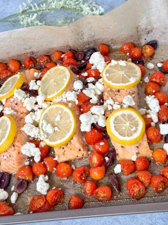 Mediterranean Sheet Pan Salmon with Cherry Tomatoes