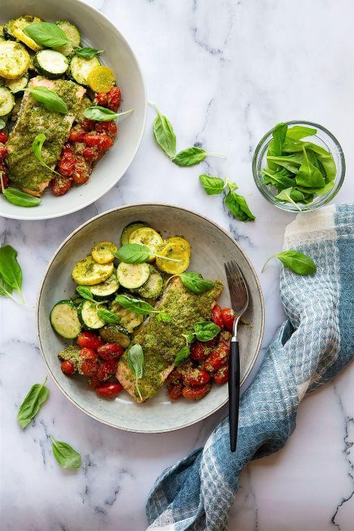 Pesto Sheet Pan Salmon with Zucchini and Squash