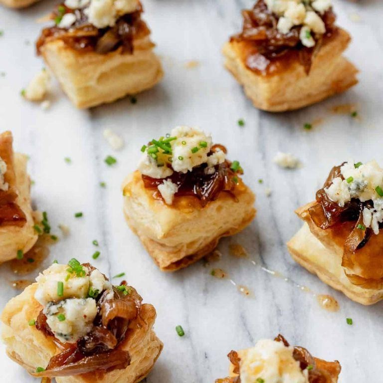 Puff Pastry Bites with Caramelized Onions and Blue Cheese