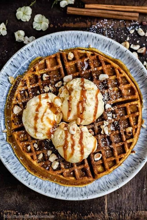Pumpkin Pie Mix Waffles with Caramel Drizzle