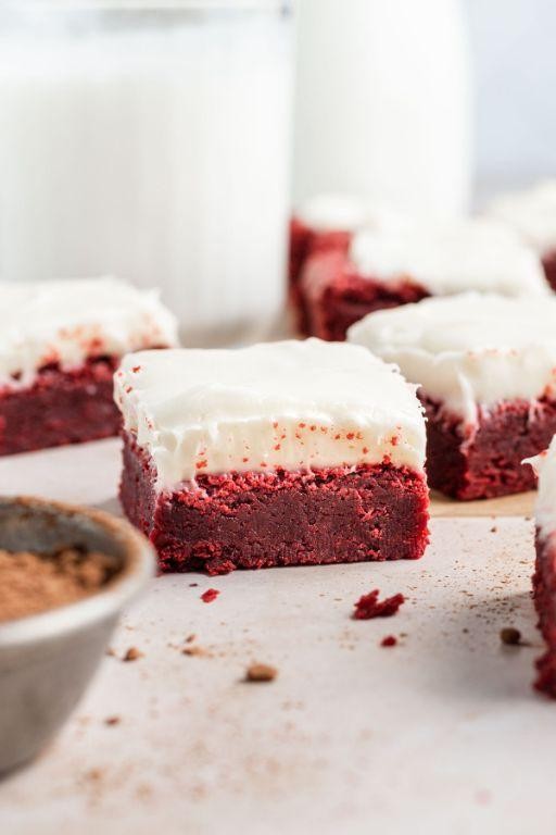 Red velvet mini brownie bites with cream cheese frosting