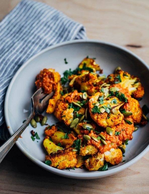 Roasted Cauliflower Romesco Sauce with Turmeric