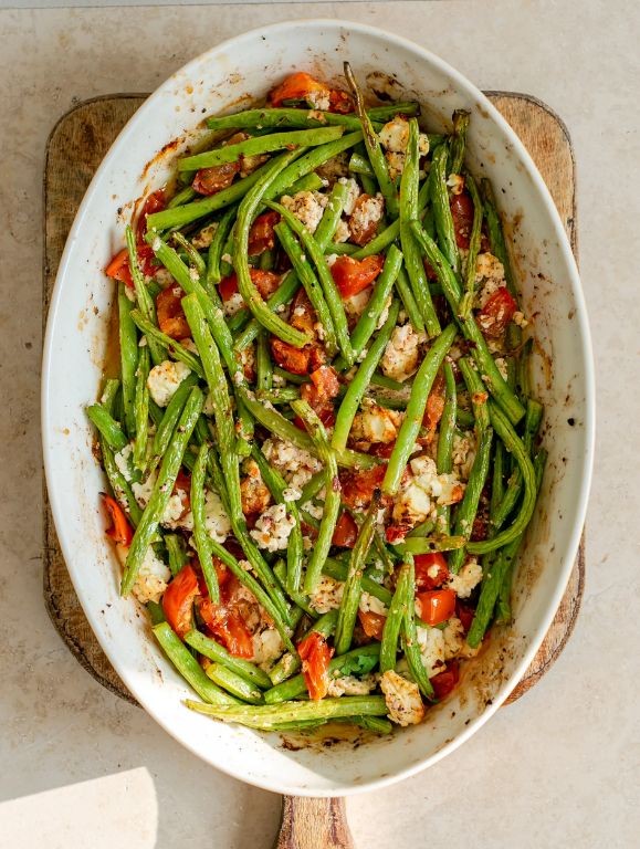 Roasted Green Beans and Cherry Tomatoes with Feta