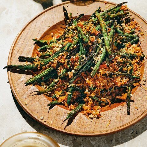 Roasted Green Beans with Toasted Coconut Flakes