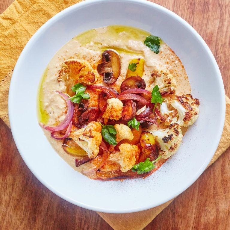 Roasted vegetable and hummus bowl