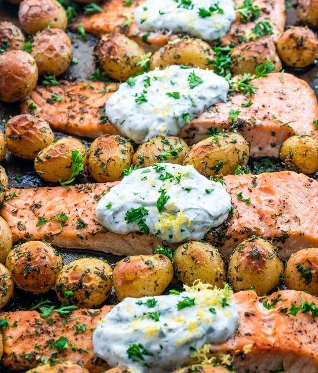 Sheet Pan Salmon and Potatoes with Dill Sauce