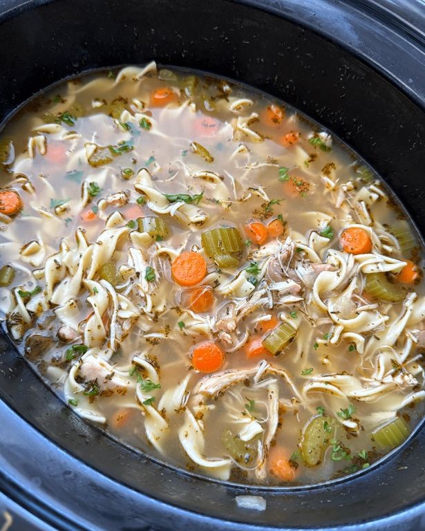 Slow Cooker Mirepoix Chicken Noodle Soup