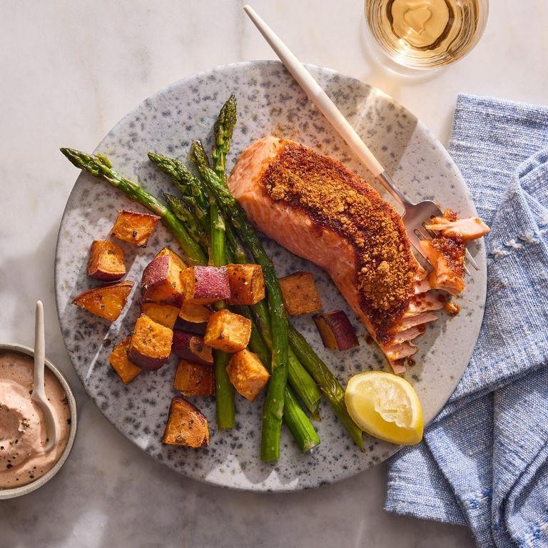 Spicy Cajun Sheet Pan Salmon with Sweet Potatoes