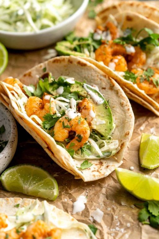 Spinach and Shrimp Tacos with Lime Crema