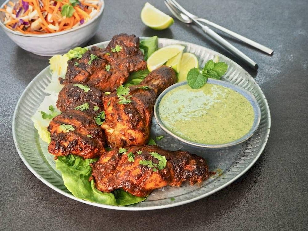 Tandoori Chicken Skewers with Mint Chutney