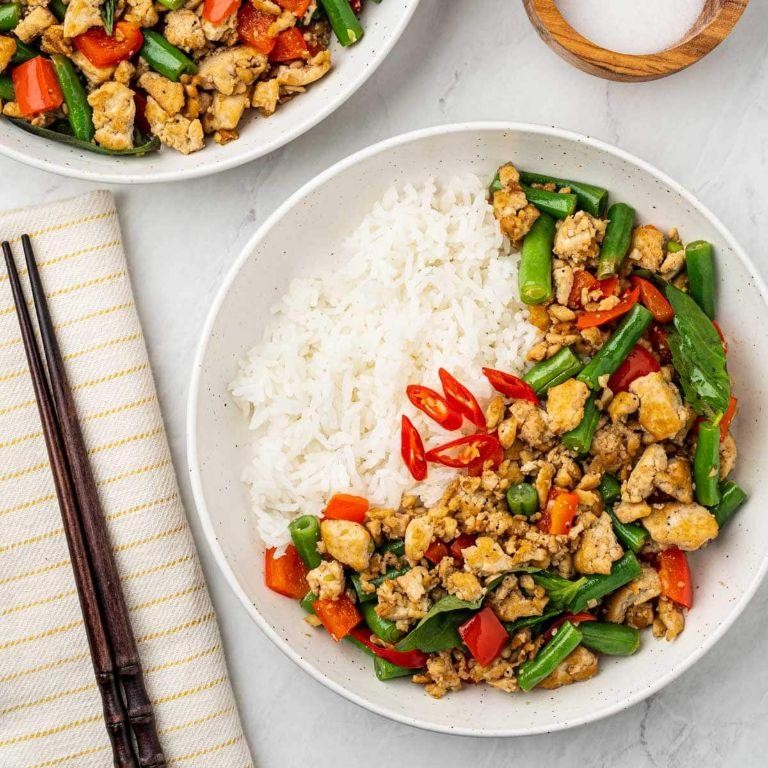 Thai Basil Shredded Tofu with Jasmine Rice