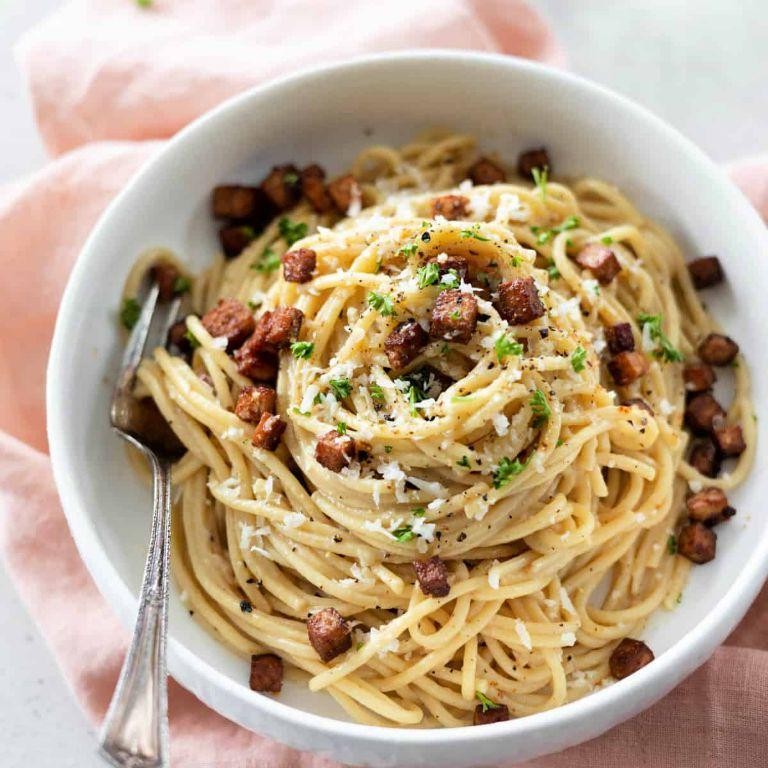 Tofu Carbonara with Vegan Bacon