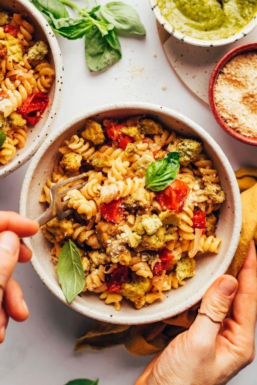 Tofu Pesto Pasta with Cherry Tomatoes