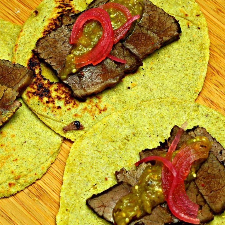 Tomatillo Beef Tacos with Pickled Onions