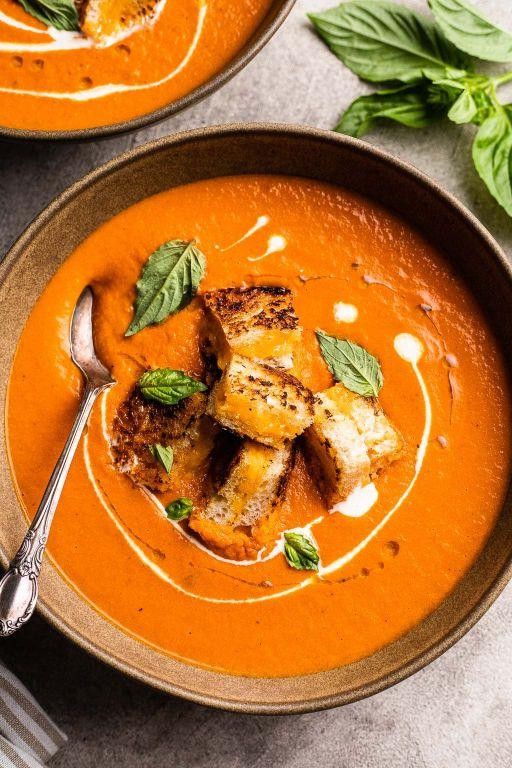Tomato Basil Soup with Grilled Cheese Croutons