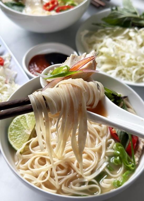 Turkey Neck Pho with Rice Noodles and Herbs