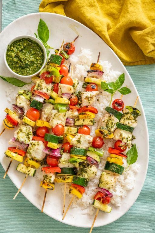 Air Fryer Halibut and Vegetable Skewers