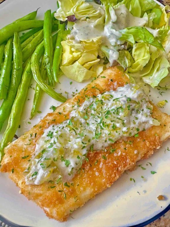 Air Fryer Halibut with Dill Yogurt Sauce