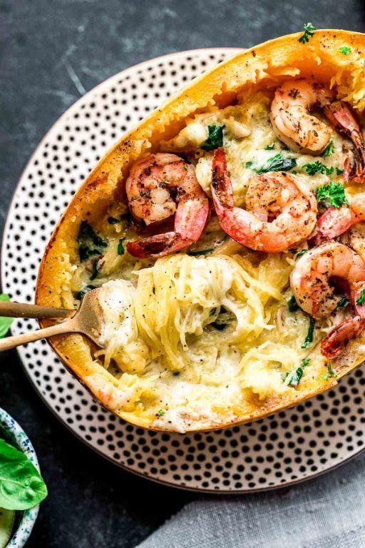 Alfredo Spaghetti Squash Casserole with Shrimp