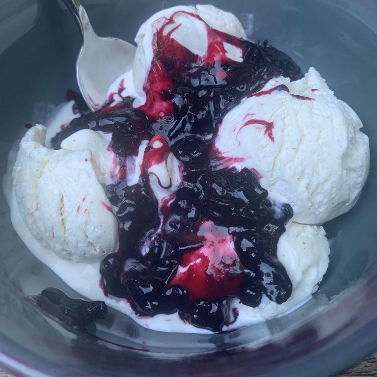Aronia Berry Compote over Vanilla Ice Cream