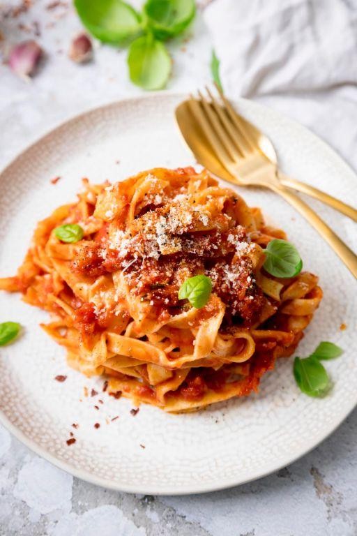 Arrabbiata Sauce with Fresh Basil and Tagliatelle