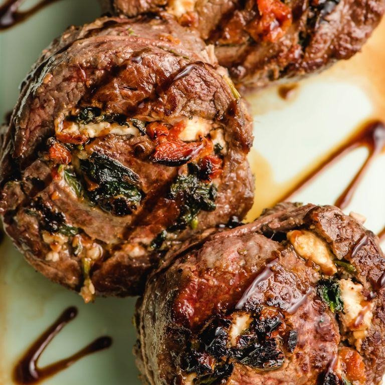 Balsamic Glazed Flank Steak Pinwheels with Goat Cheese
